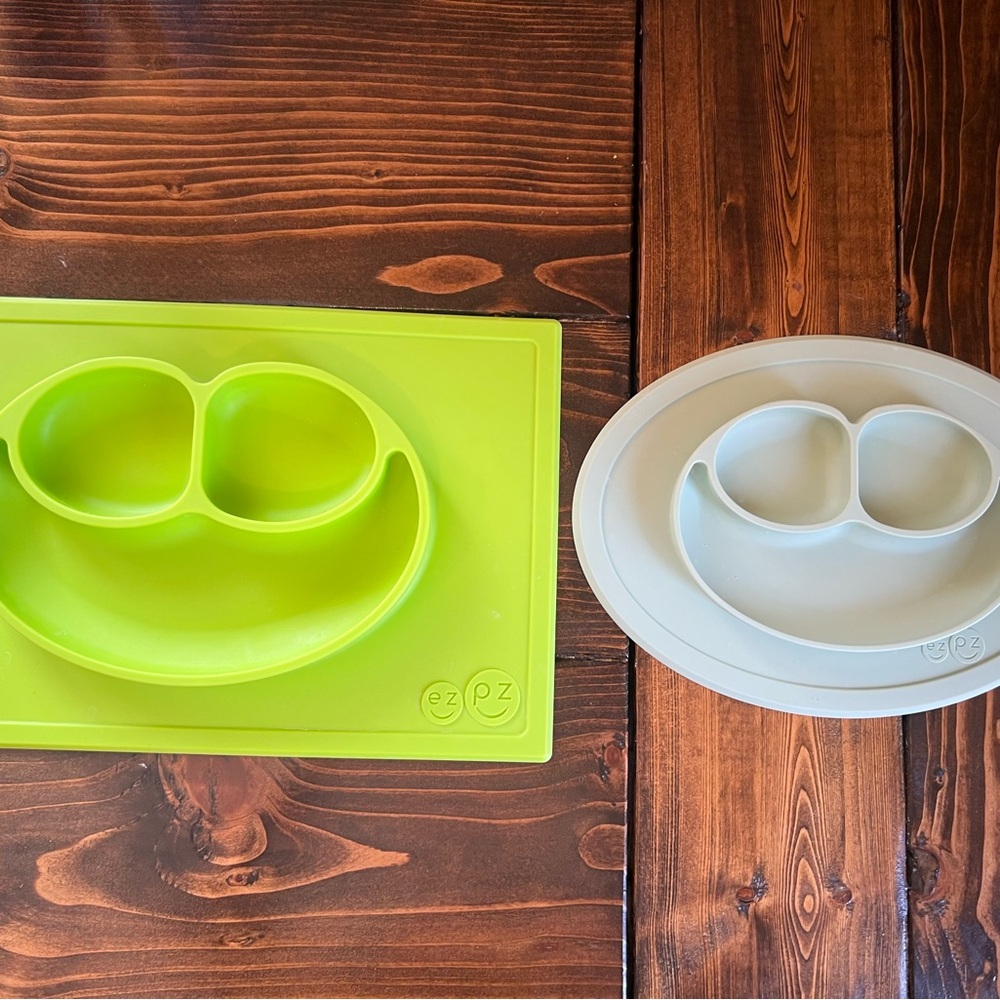 EZPZ Silicone Baby Placemat Set - Green and Grayish Green Happy Mat & Mini Mat